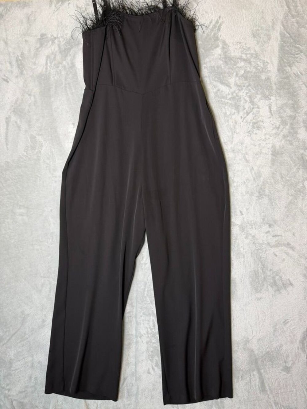 NICOLE MILLER Jumpsuit Womens 16 Black Feather Trim Strapless Wide Leg